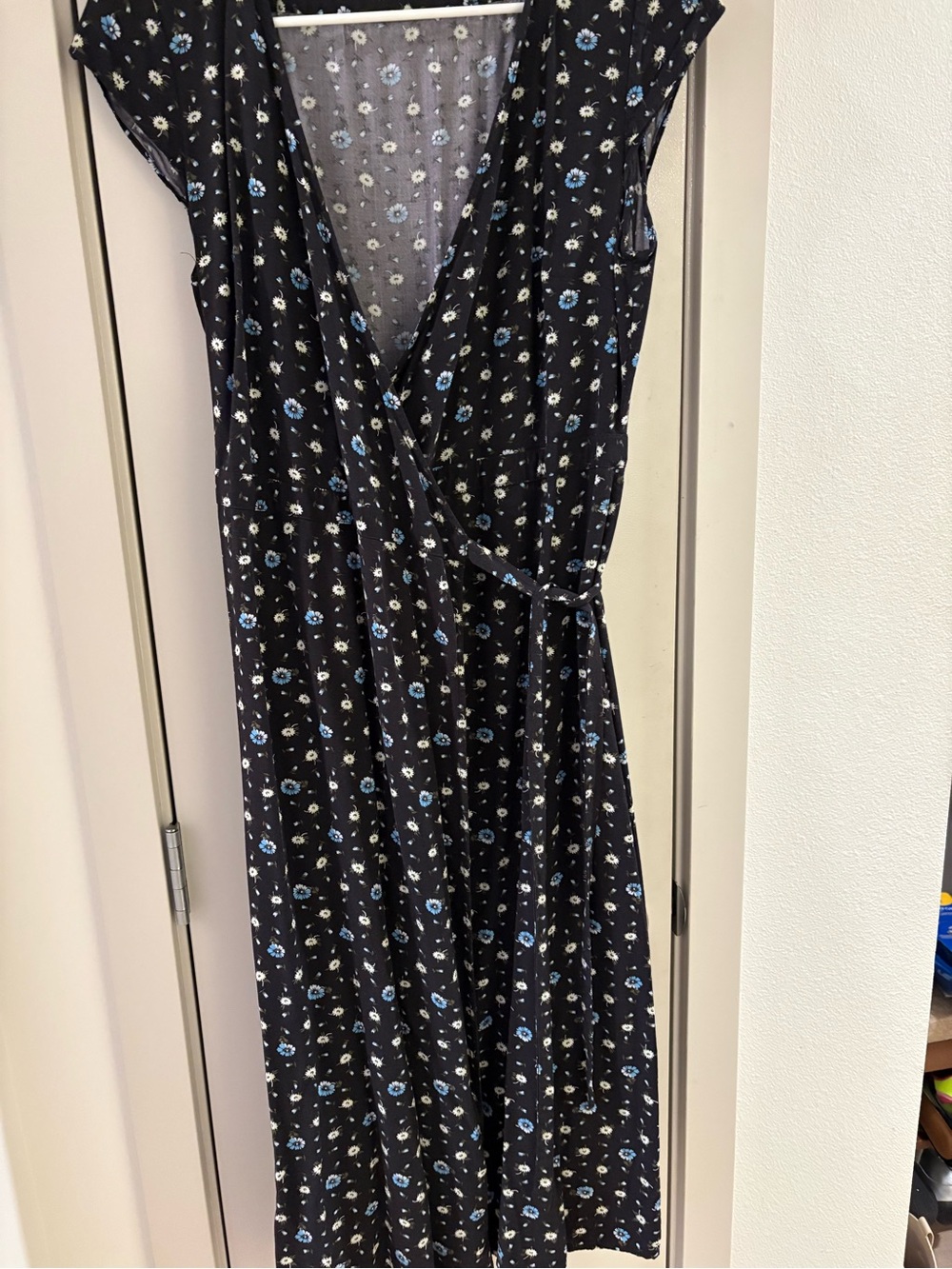 J. Crew Black Midi Wrap Dress with Blue & White Floral Print